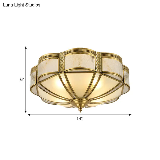 Classic Brass Domed Flush Mount Fixture With Frosted Glass Panel - 3/4/6 Lights For Bedroom