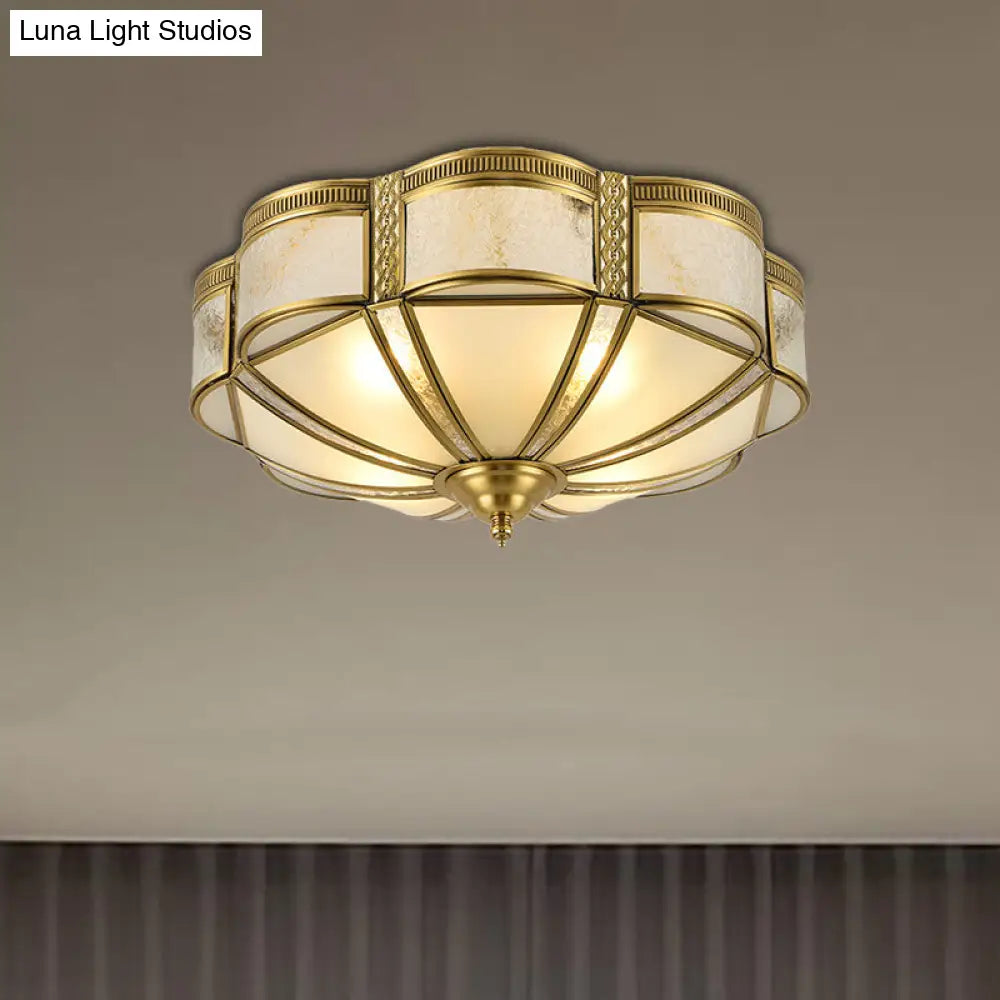 Classic Brass Domed Flush Mount Fixture With Frosted Glass Panel - 3/4/6 Lights For Bedroom 3 /