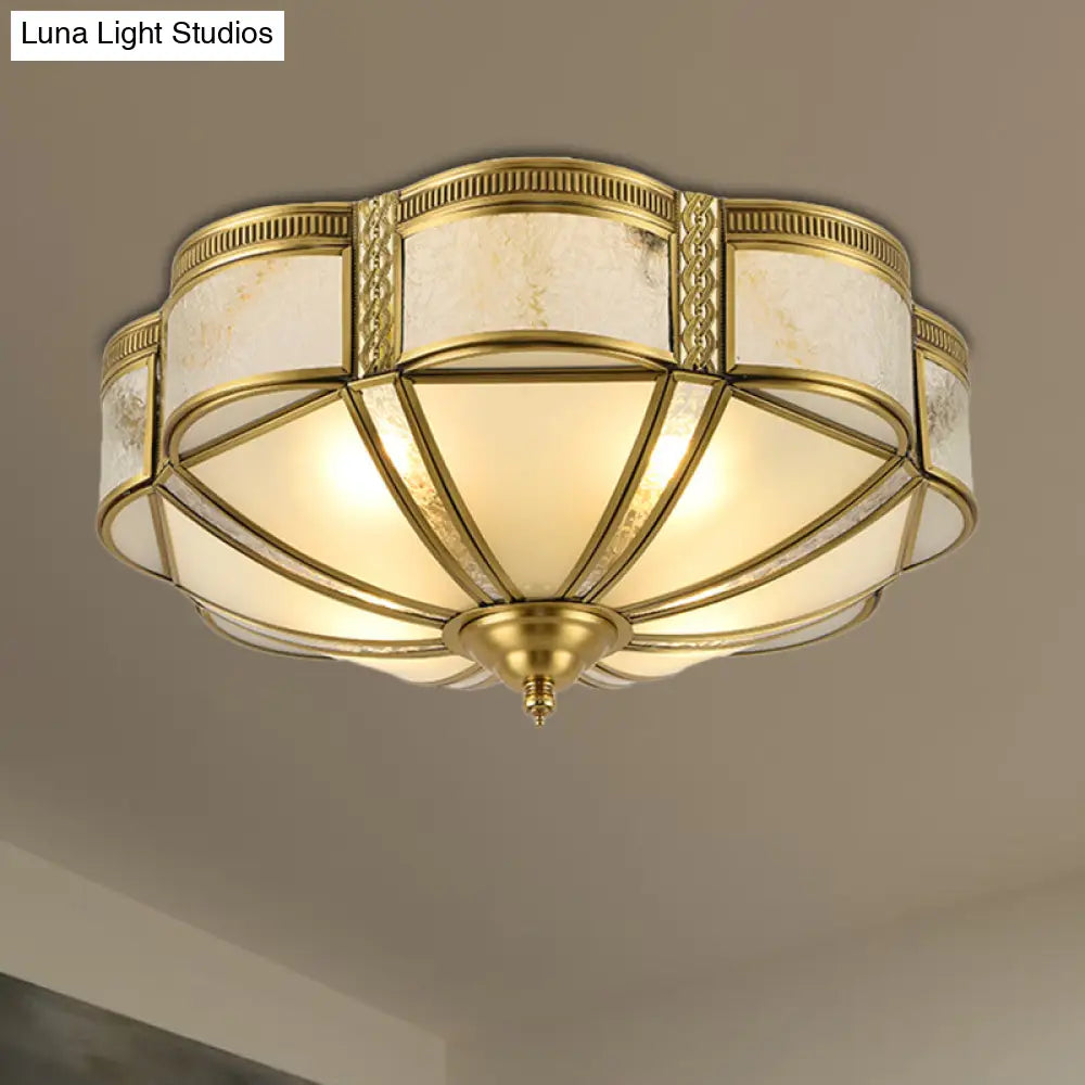 Classic Brass Domed Flush Mount Fixture With Frosted Glass Panel - 3/4/6 Lights For Bedroom