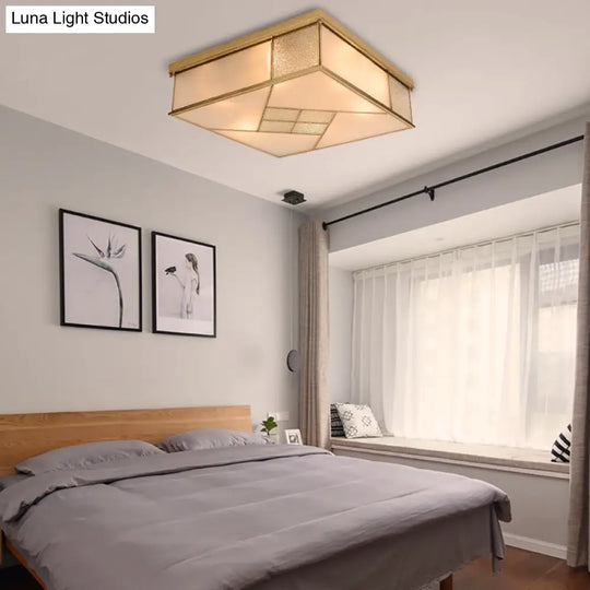 Classic Brass Flush Mount Ceiling Light With Frosted Glass Panel Shade - 4/6 Lights Bedroom Fixture