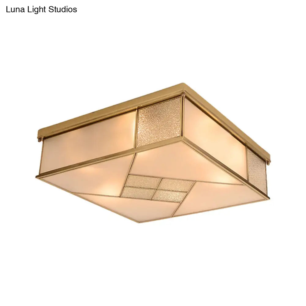 Classic Brass Flush Mount Ceiling Light With Frosted Glass Panel Shade - 4/6 Lights Bedroom Fixture