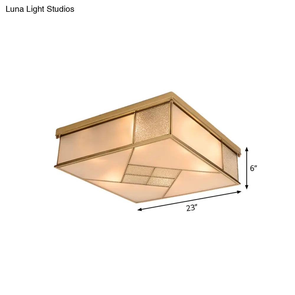 Classic Brass Flush Mount Ceiling Light With Frosted Glass Panel Shade - 4/6 Lights Bedroom Fixture