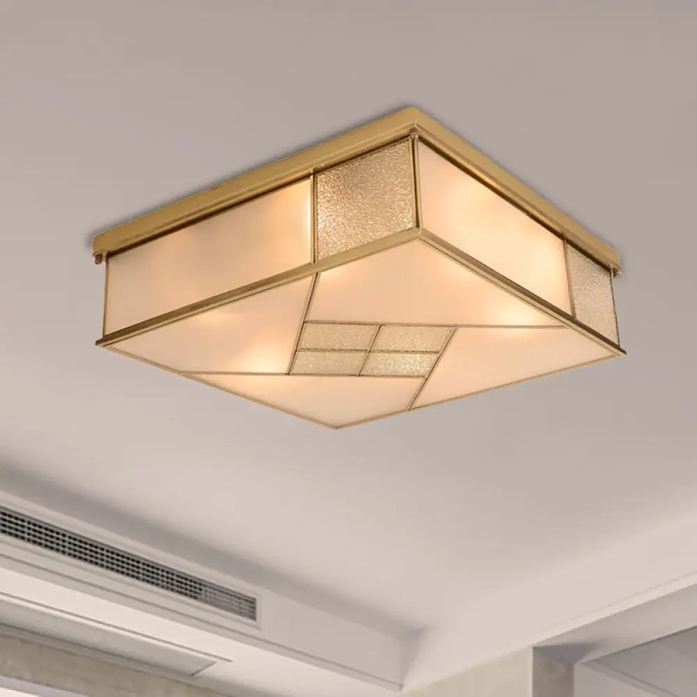 Classic Brass Flush Mount Ceiling Light With Frosted Glass Panel Shade - 4/6 Lights Bedroom Fixture