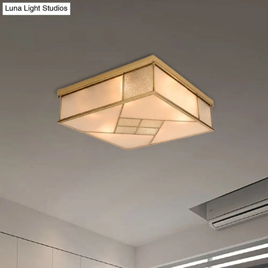 Classic Brass Flush Mount Ceiling Light With Frosted Glass Panel Shade - 4/6 Lights Bedroom Fixture