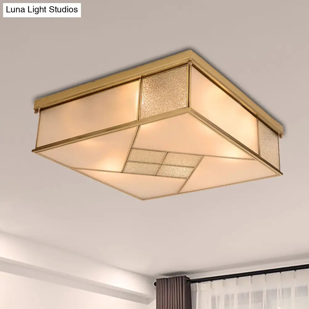 Classic Brass Flush Mount Ceiling Light With Frosted Glass Panel Shade - 4/6 Lights Bedroom Fixture