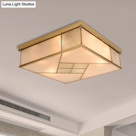 Classic Brass Flush Mount Ceiling Light With Frosted Glass Panel Shade - 4/6 Lights Bedroom Fixture