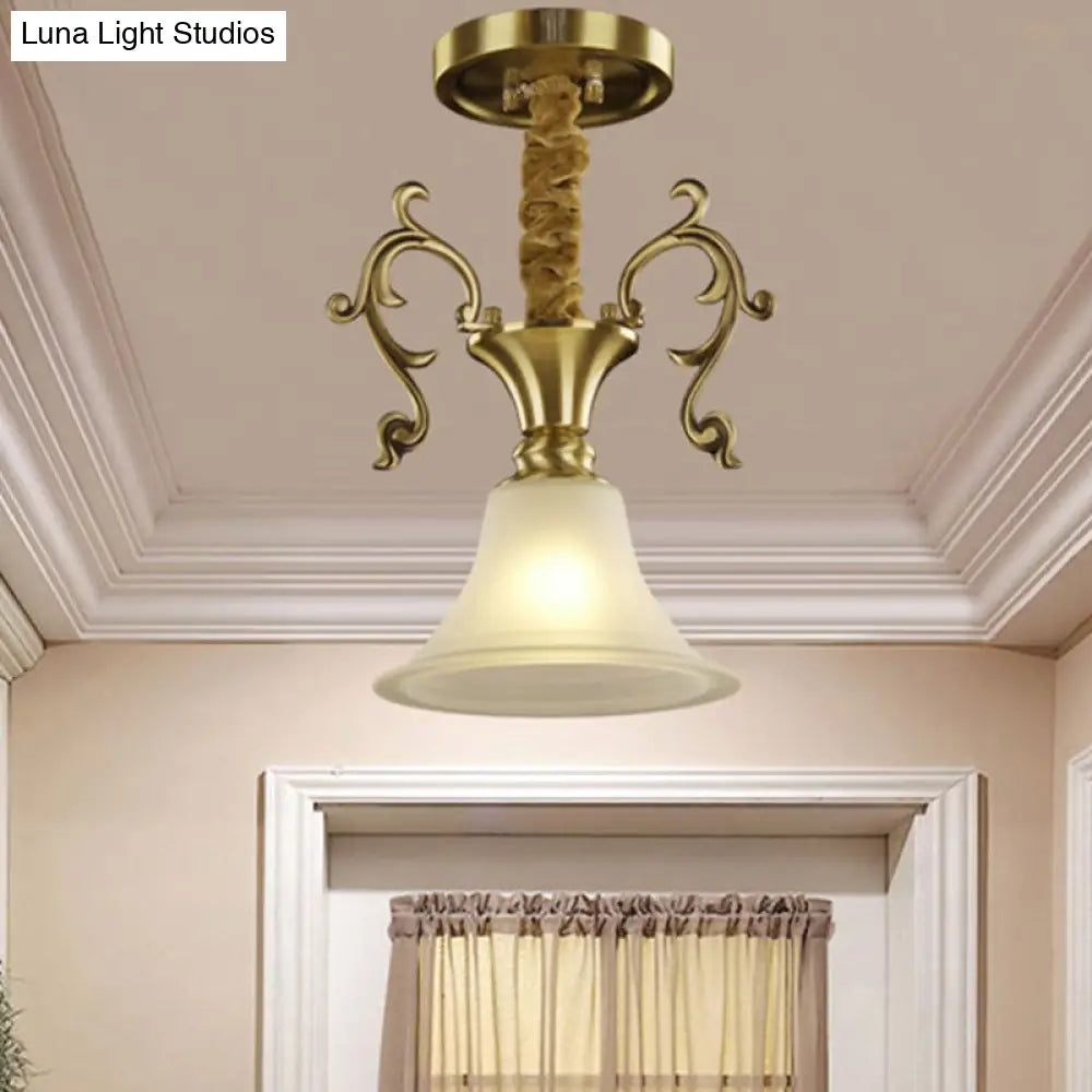 Classic Brass Hanging Ceiling Lamp With Frosted Glass Bowl - Ideal For Porch