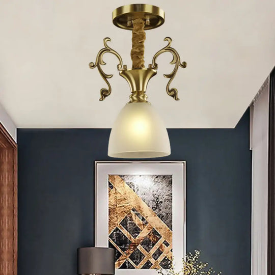 Classic Brass Hanging Ceiling Lamp With Frosted Glass Bowl - Ideal For Porch /