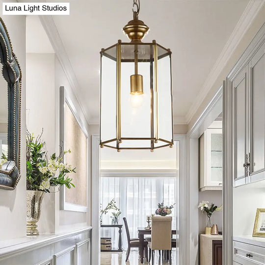 Traditional Brass Lantern Pendant Light With Clear Glass - Ceiling Hanging Fixture