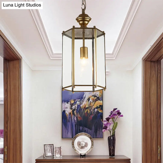 Classic Brass Lantern Pendant Light Fixture With Clear Glass - 1-Light Hanging Ceiling Lighting