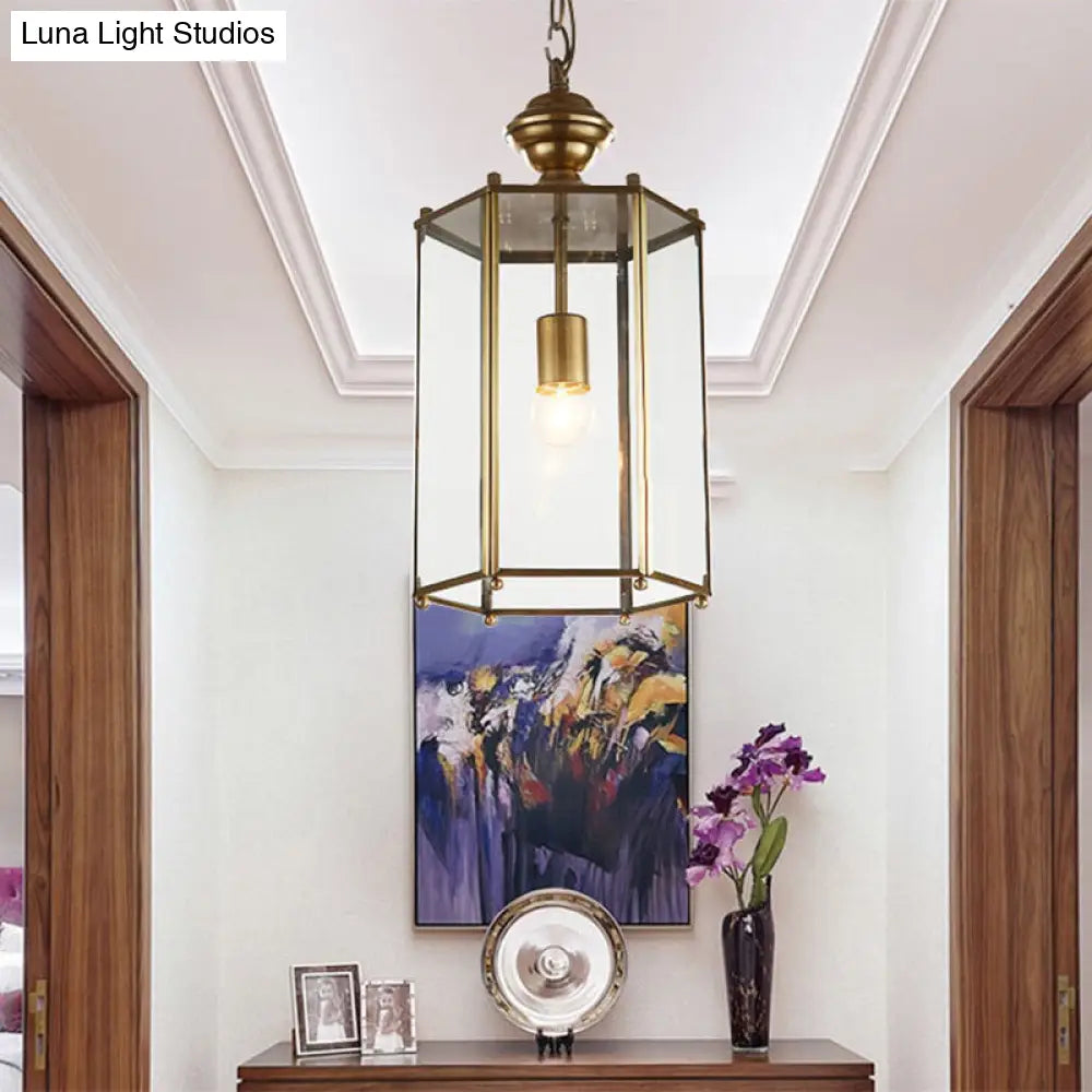 Traditional Brass Lantern Pendant Light With Clear Glass - Ceiling Hanging Fixture