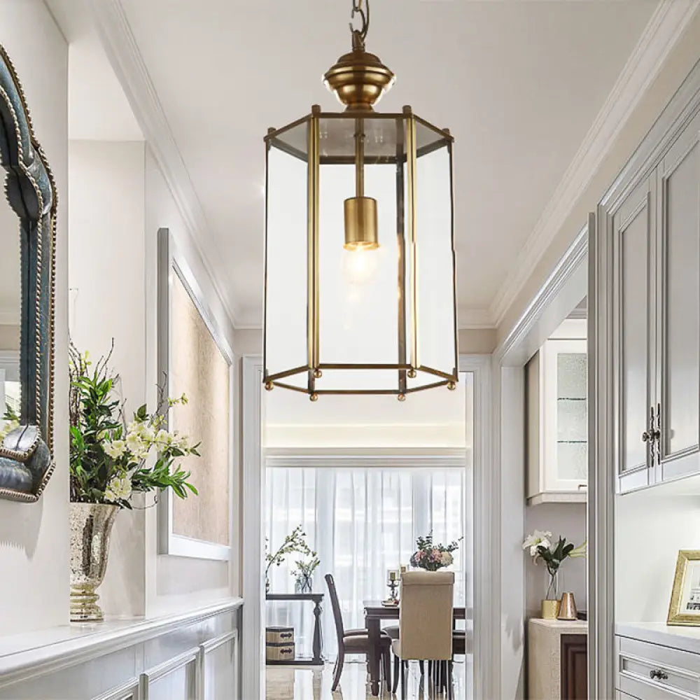 Classic Brass Lantern Pendant Light Fixture With Clear Glass - 1-Light Hanging Ceiling Lighting