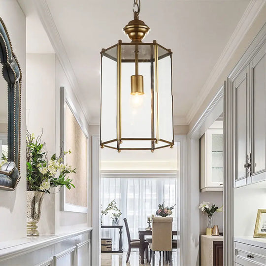 Classic Brass Lantern Pendant Light Fixture With Clear Glass - 1-Light Hanging Ceiling Lighting