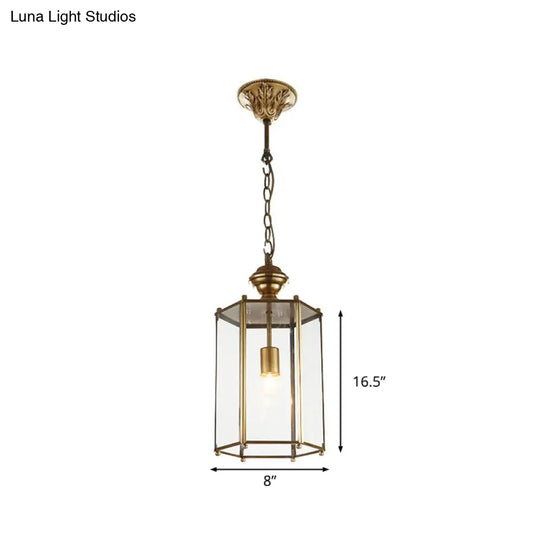 Classic Brass Lantern Pendant Light Fixture With Clear Glass - 1-Light Hanging Ceiling Lighting