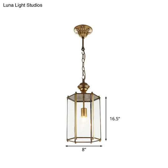 Traditional Brass Lantern Pendant Light With Clear Glass - Ceiling Hanging Fixture