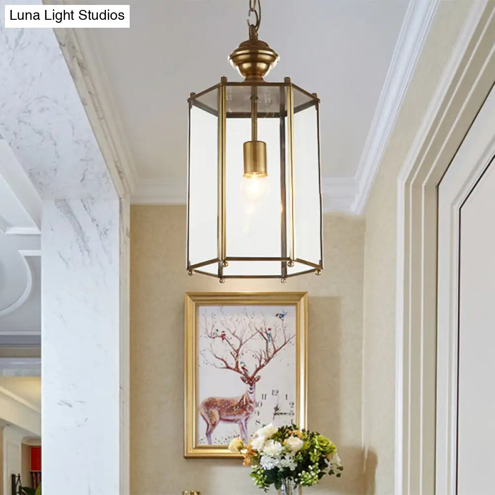 Classic Brass Lantern Pendant Light Fixture With Clear Glass - 1-Light Hanging Ceiling Lighting