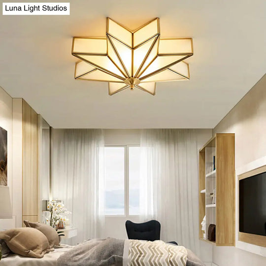 Classic Brass Star Flush Mount Fixture With Beveled Frosted Glass For Living Room Ceiling Light