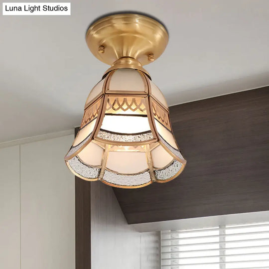 Classic Brass Tapered Flush Mount Light With Frosted Glass - 5/6.5 Wide 1-Light Colonial Style For