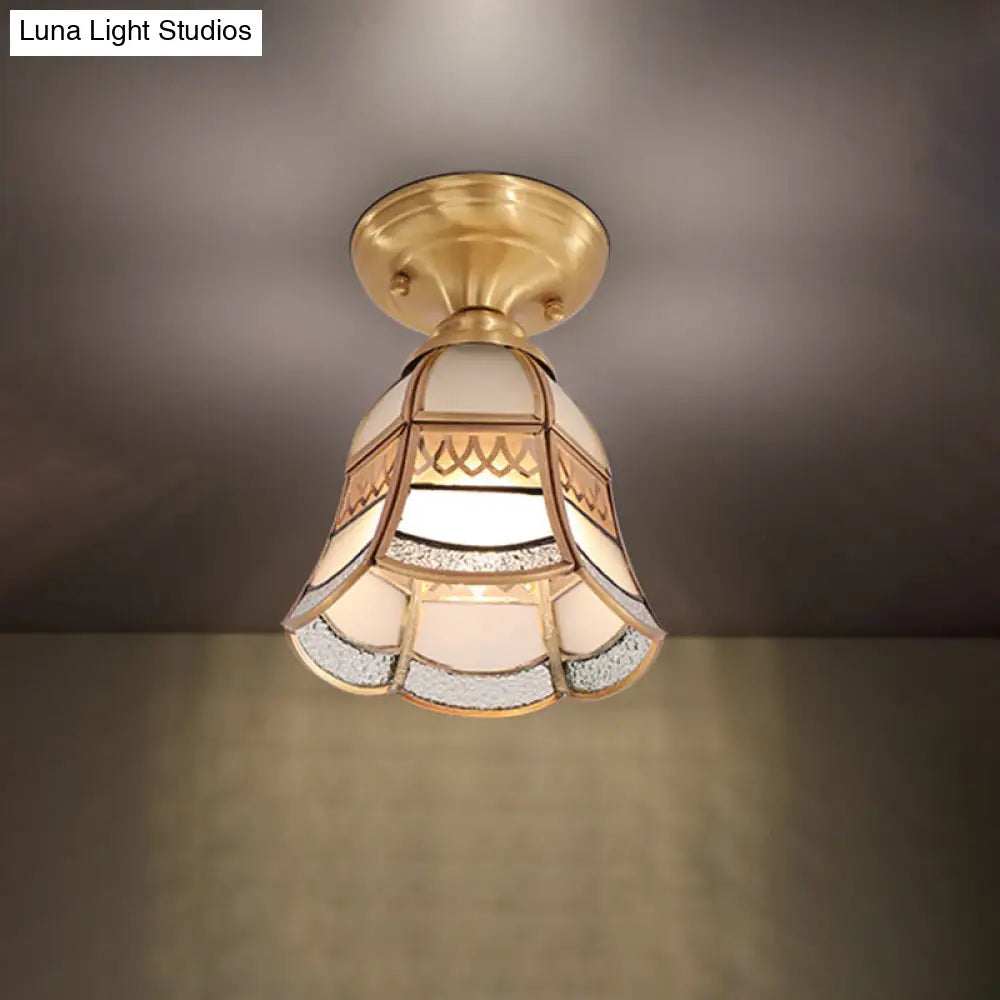 Classic Brass Tapered Flush Mount Light With Frosted Glass - 5/6.5 Wide 1-Light Colonial Style For