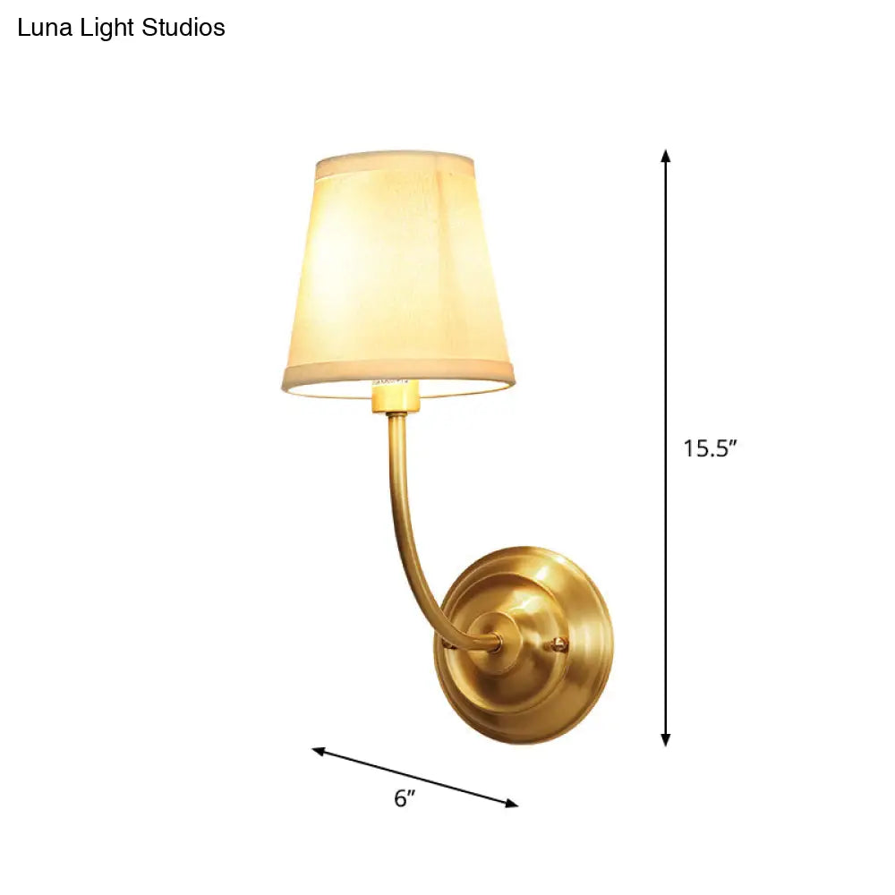 Classic Brass Wall Light With Single Tapered Fabric Shade For Corridor