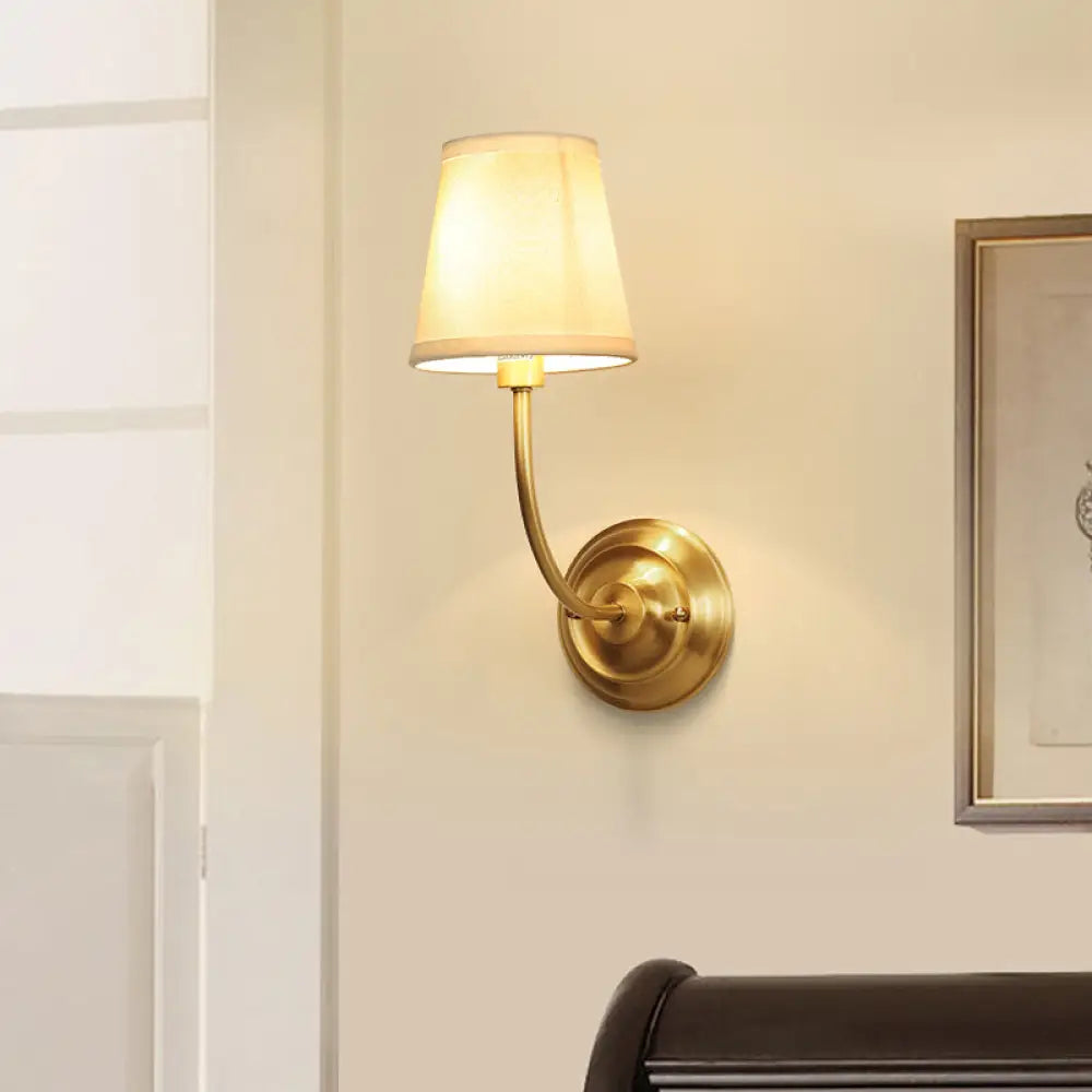 Classic Brass Wall Light With Single Tapered Fabric Shade For Corridor