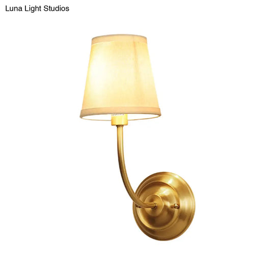 Classic Brass Wall Light With Single Tapered Fabric Shade For Corridor