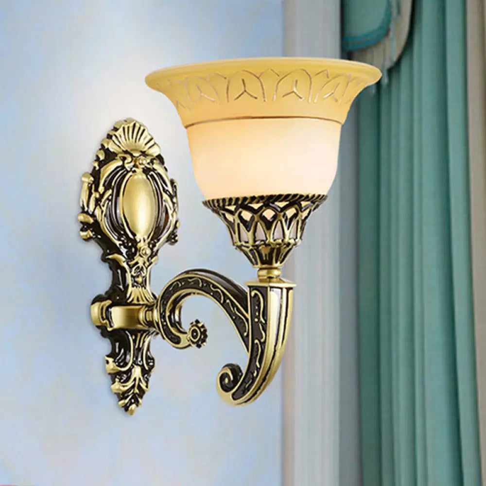 Classic Brass Wall Sconce Light Fixture With Frosted Glass - Flared Design Bedroom Lamp 1 /