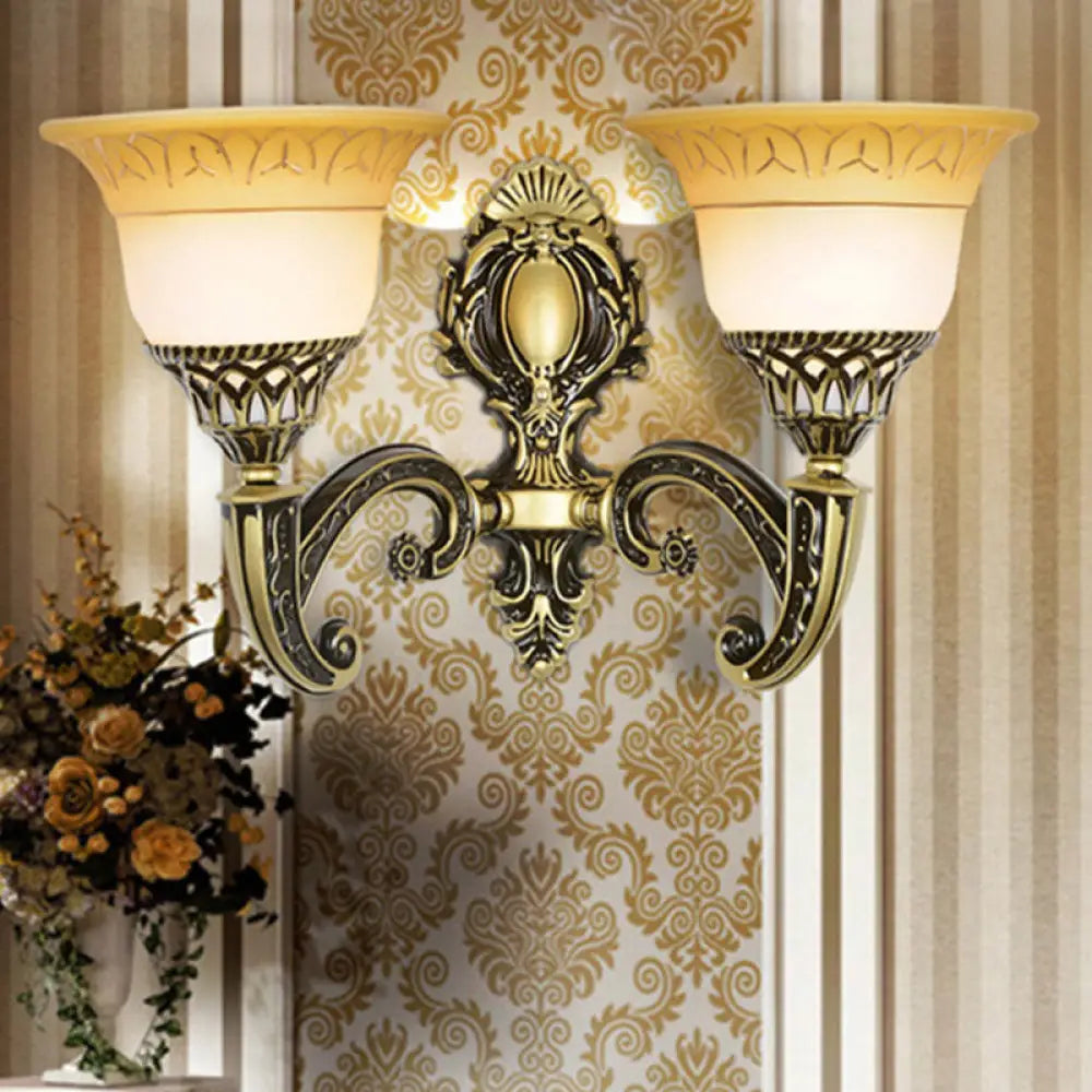 Classic Brass Wall Sconce Light Fixture With Frosted Glass - Flared Design Bedroom Lamp 2 /