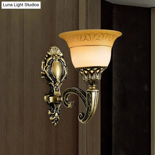 Classic Brass Wall Sconce Light Fixture With Frosted Glass - Flared Design Bedroom Lamp