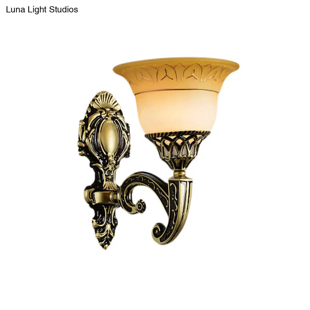 Classic Brass Wall Sconce Light Fixture With Frosted Glass - Flared Design Bedroom Lamp