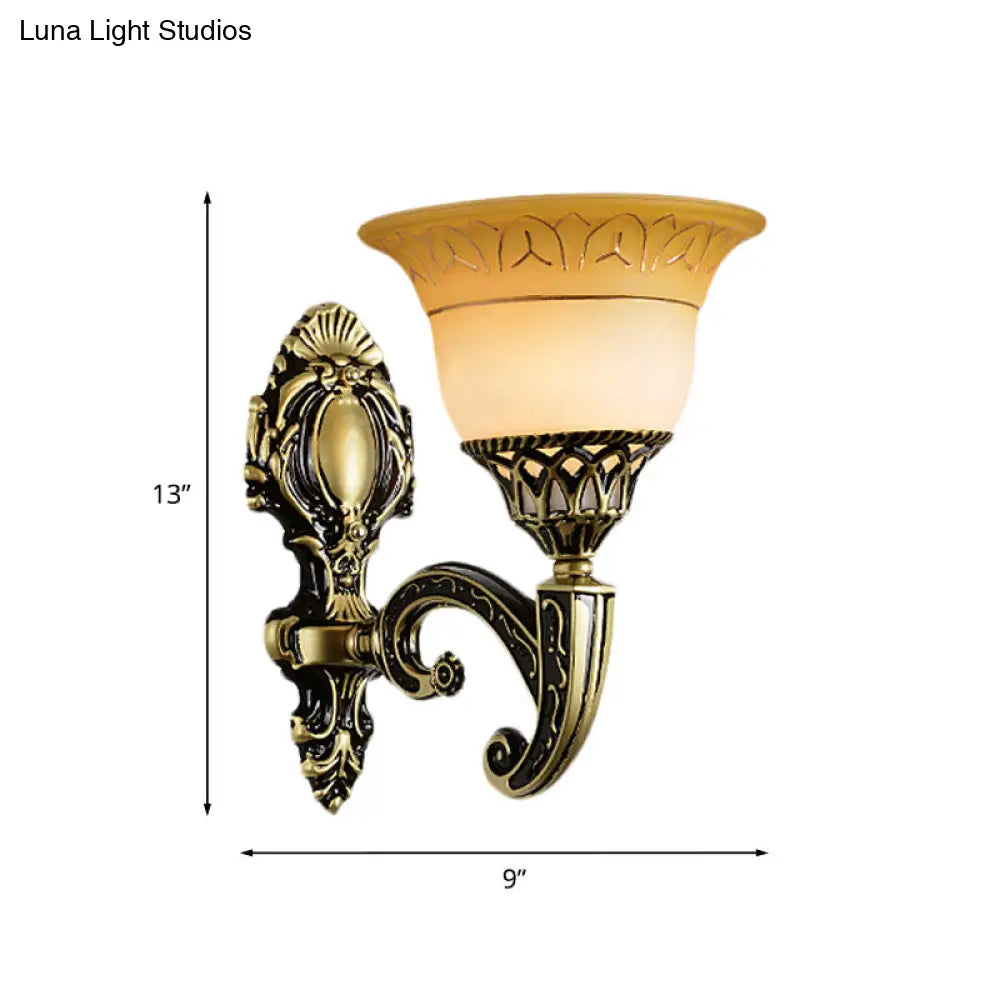 Classic Brass Wall Sconce Light Fixture With Frosted Glass - Flared Design Bedroom Lamp