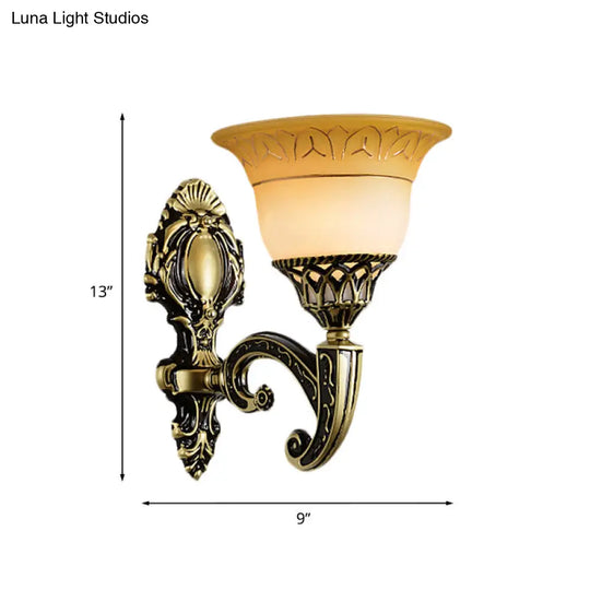 Classic Brass Wall Sconce Light Fixture With Frosted Glass - Flared Design Bedroom Lamp