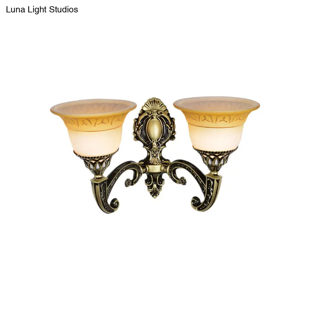 Classic Brass Wall Sconce Light Fixture With Frosted Glass - Flared Design Bedroom Lamp