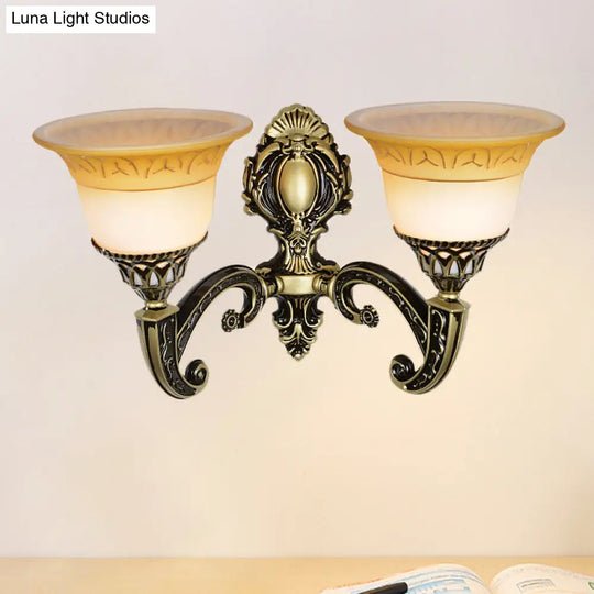 Classic Brass Wall Sconce Light Fixture With Frosted Glass - Flared Design Bedroom Lamp