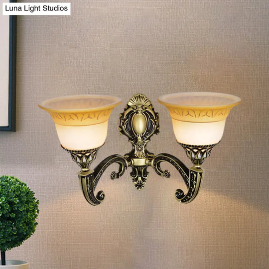 Classic Brass Wall Sconce Light Fixture With Frosted Glass - Flared Design Bedroom Lamp