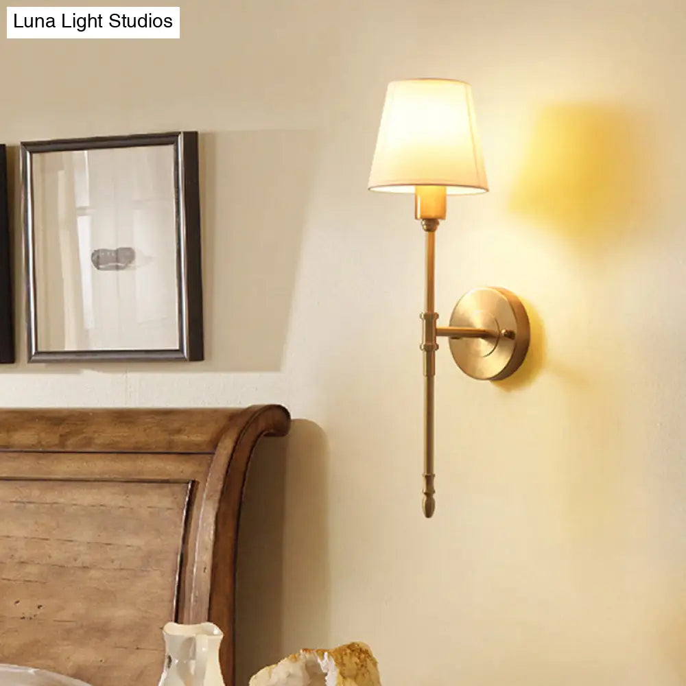 Classic Bronze Wall Sconce Light - Metallic Bedside Mount With Fabric Cone Shade