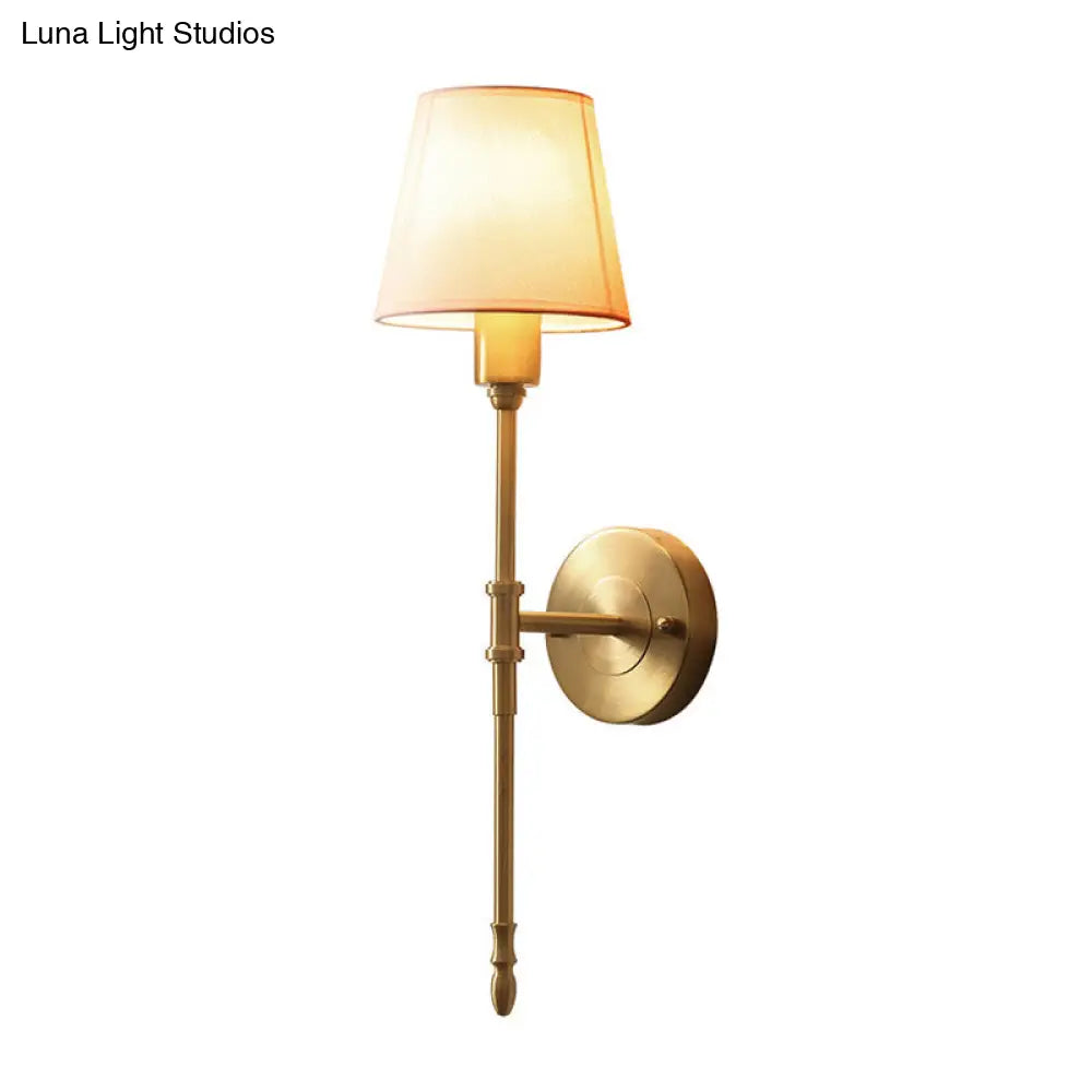 Classic Bronze Wall Sconce Light - Metallic Bedside Mount With Fabric Cone Shade