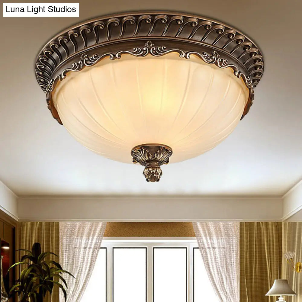 Classic Brown Ribbed Glass Dome Flush Mount Lighting Fixture - 3 Heads Ideal For Bedroom