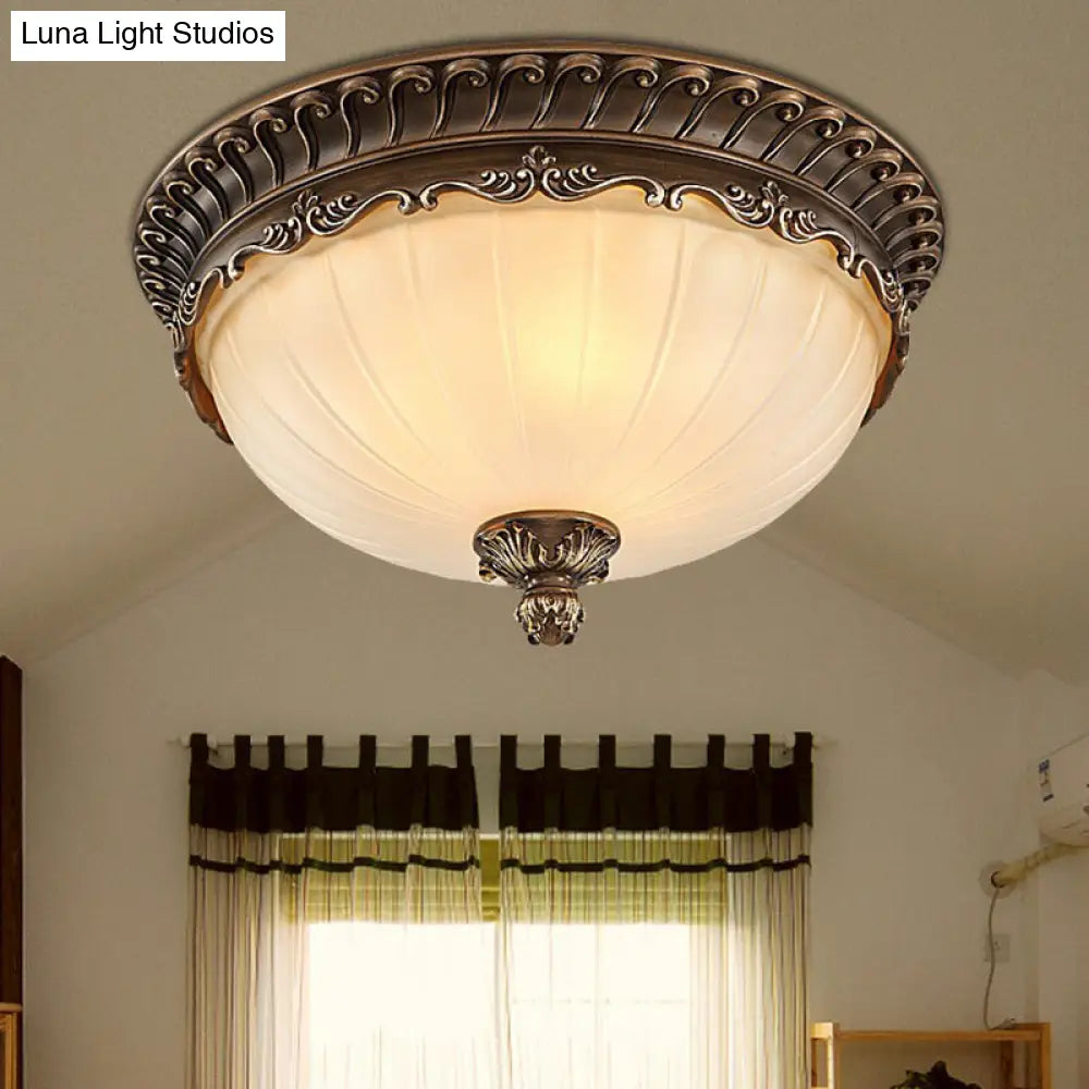 Classic Brown Ribbed Glass Dome Flush Mount Lighting Fixture - 3 Heads Ideal For Bedroom / Small