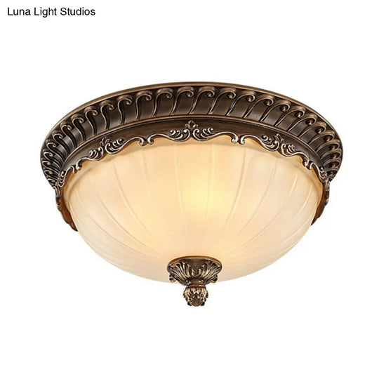 Classic Brown Ribbed Glass Dome Flush Mount Lighting Fixture - 3 Heads Ideal For Bedroom