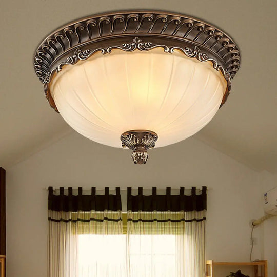 Classic Brown Ribbed Glass Dome Flush Mount Lighting Fixture - 3 Heads Ideal For Bedroom / Small