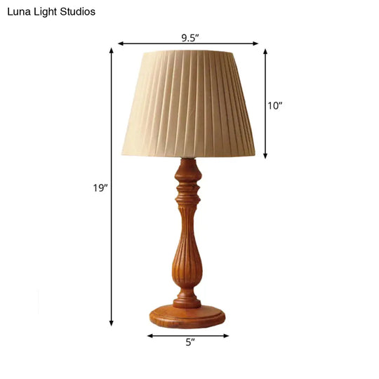 Classic Brown Table Lamp For Bedroom With Wood Base - Barrel Shape 1 Light Fabric Nightstand