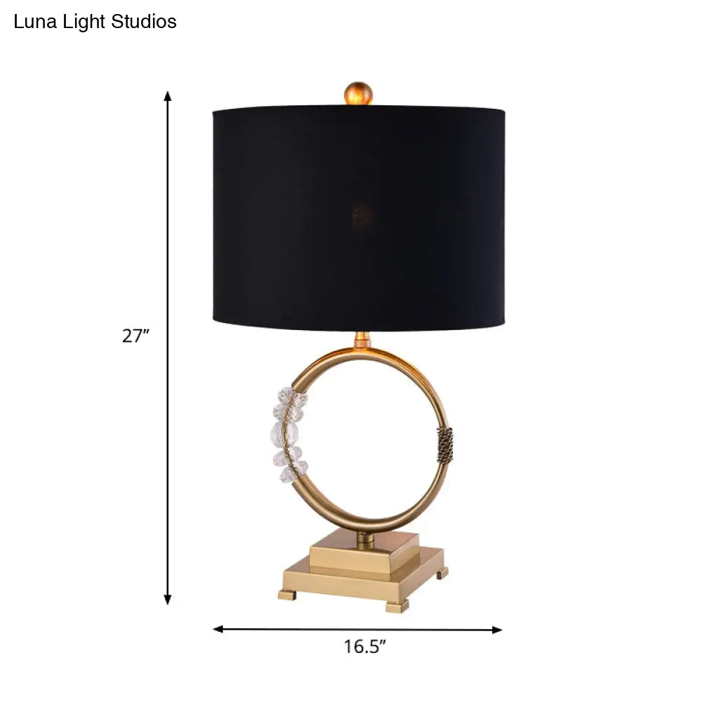 Classic Circular Brass Desk Lamp With Black Fabric Shade - 1 Bulb Task Lighting