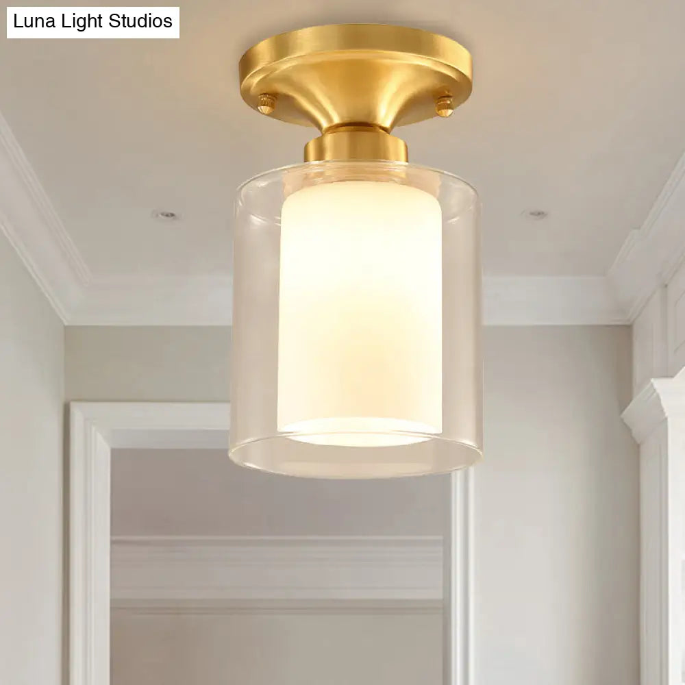 Classic Clear Glass Flush Mount Lamp - Gold Cylinder Ceiling Light Fixture For Living Room