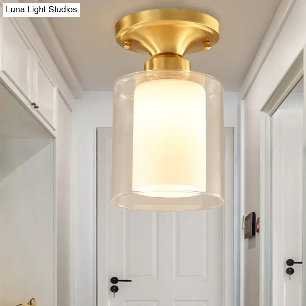 Classic Clear Glass Flush Mount Lamp - Gold Cylinder Ceiling Light Fixture For Living Room