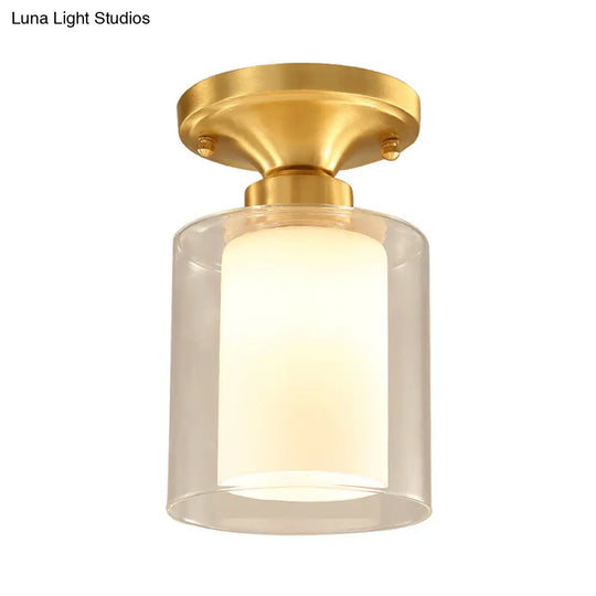 Classic Clear Glass Flush Mount Lamp - Gold Cylinder Ceiling Light Fixture For Living Room