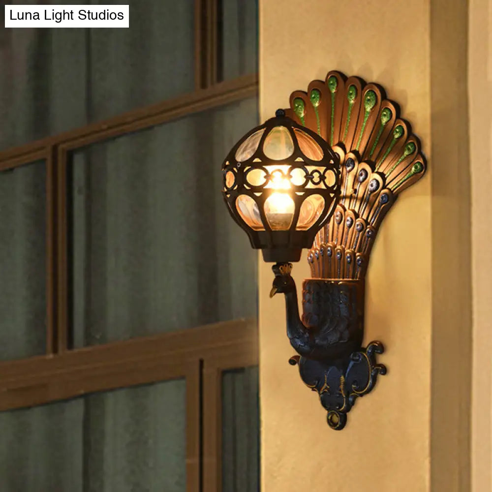 Classic Clear Glass Sphere Wall Light With Peacock Backplate - Black