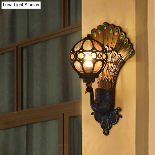 Classic Clear Glass Sphere Wall Light With Peacock Backplate - Black