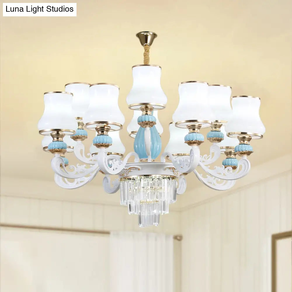 Classic Cream Glass Blue Bedroom Chandelier Light With Crystal Accents