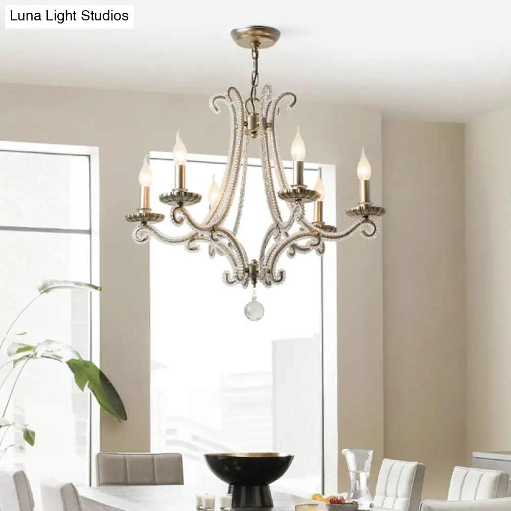 Classic Crystal Bead Pendant Chandelier - Nickel Finish 6-Bulb Ceiling Light